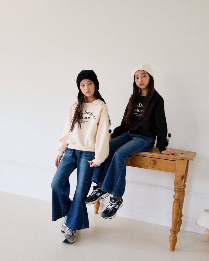 韓國 sm2 - (內磨毛)文字翻領長袖大學T-米白