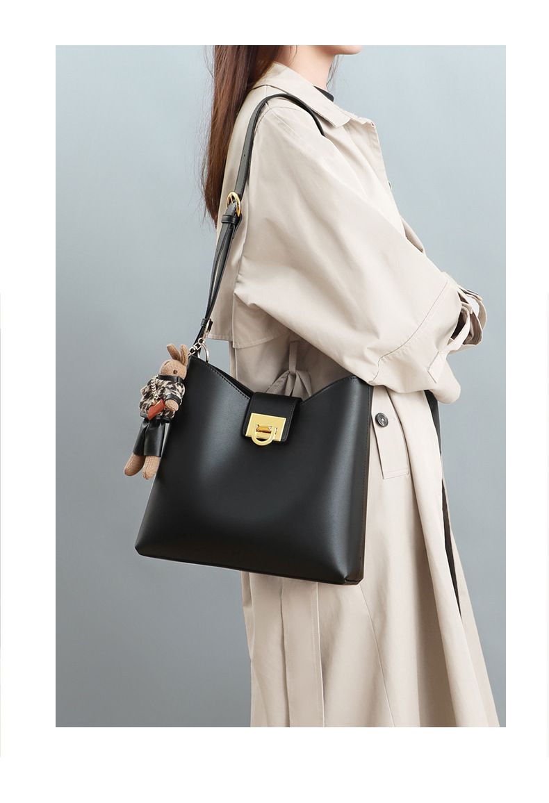 真皮時尚水桶包/單肩斜背包-棕色 (27.5x22.5x10.5cm)