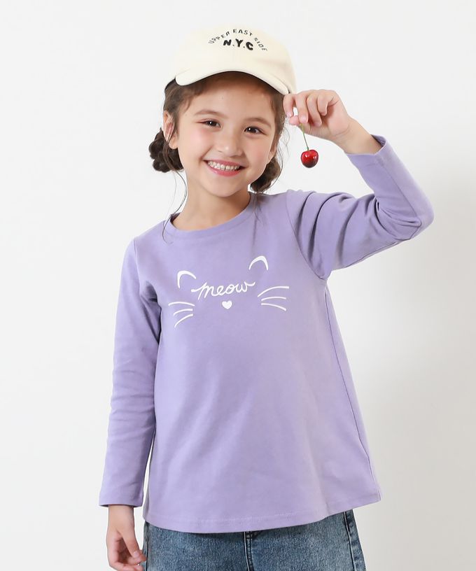 日本 devirock - 100%棉 甜美女孩長版長袖上衣-喵喵鬍鬚-紫羅蘭