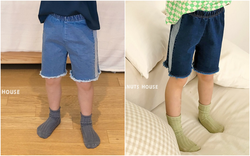 韓國 Peanuts House - 鬆緊腰褲管抓鬚雙色5分牛仔褲-深藍