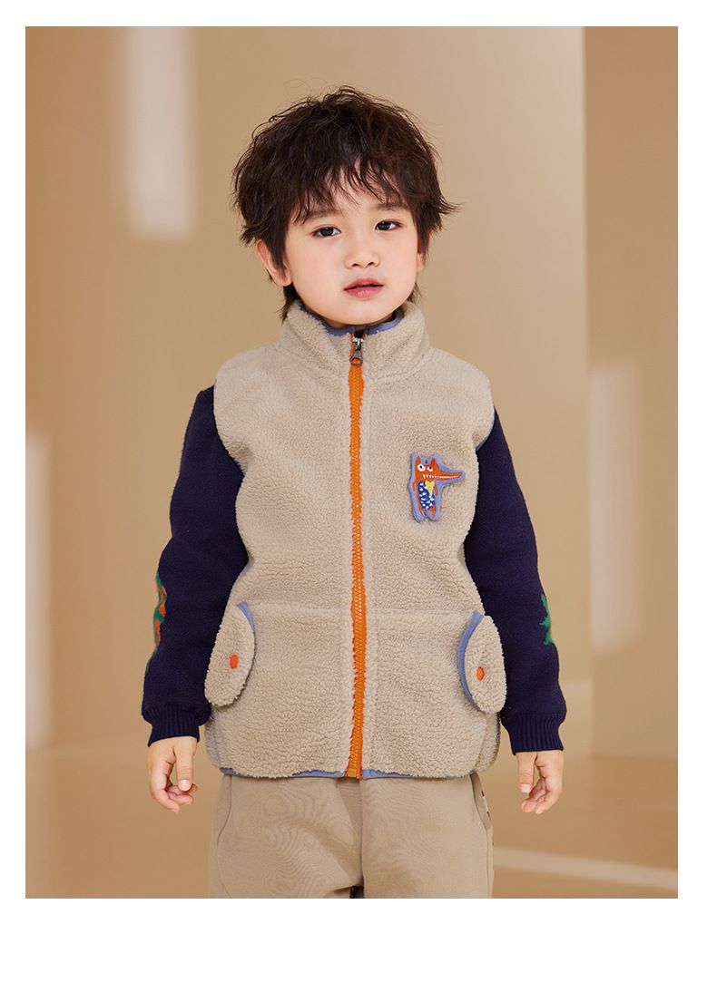 搖粒絨保暖兒童背心-可愛狐狸-深綠色