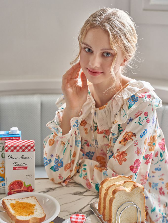 韓國 ULLALA - 童話熊花園荷葉領長袖睡衣套裝-淡黃 (FREE)