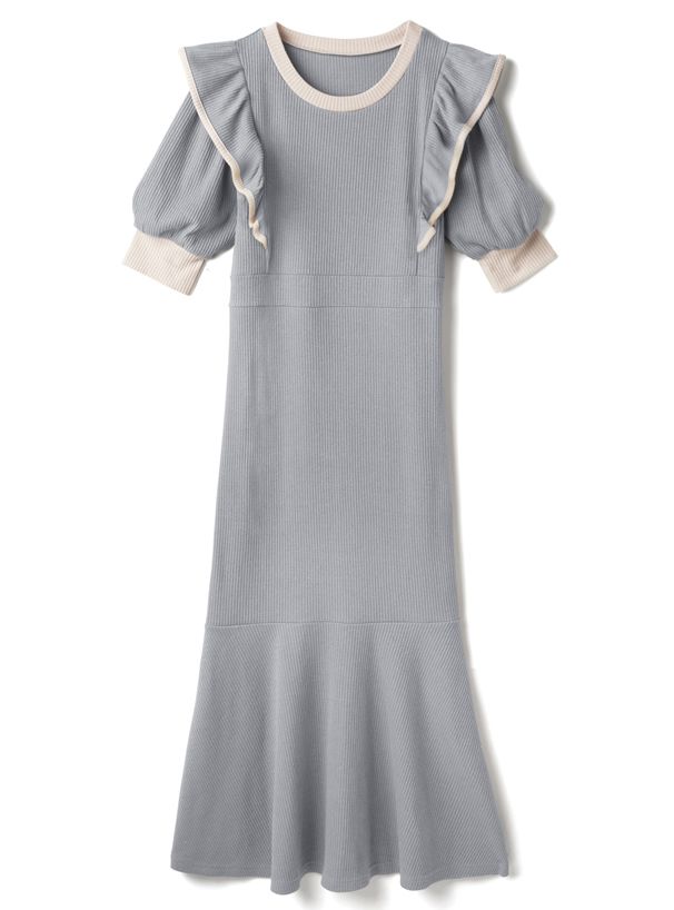 日本 GRL - 撞色荷葉滾邊修身魚尾短袖洋裝-摩卡棕