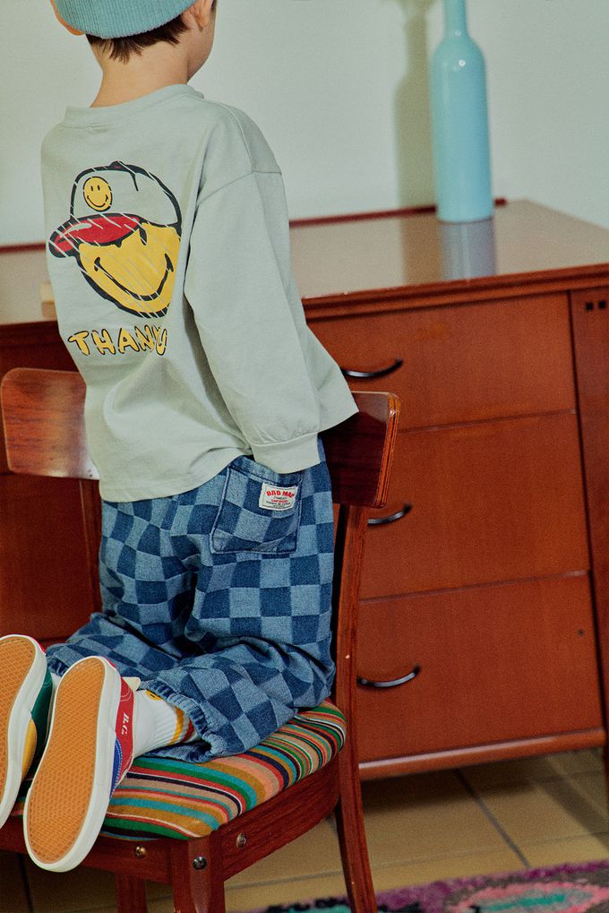 韓國 First Blue - 鴨舌帽笑臉印長袖上衣-灰綠