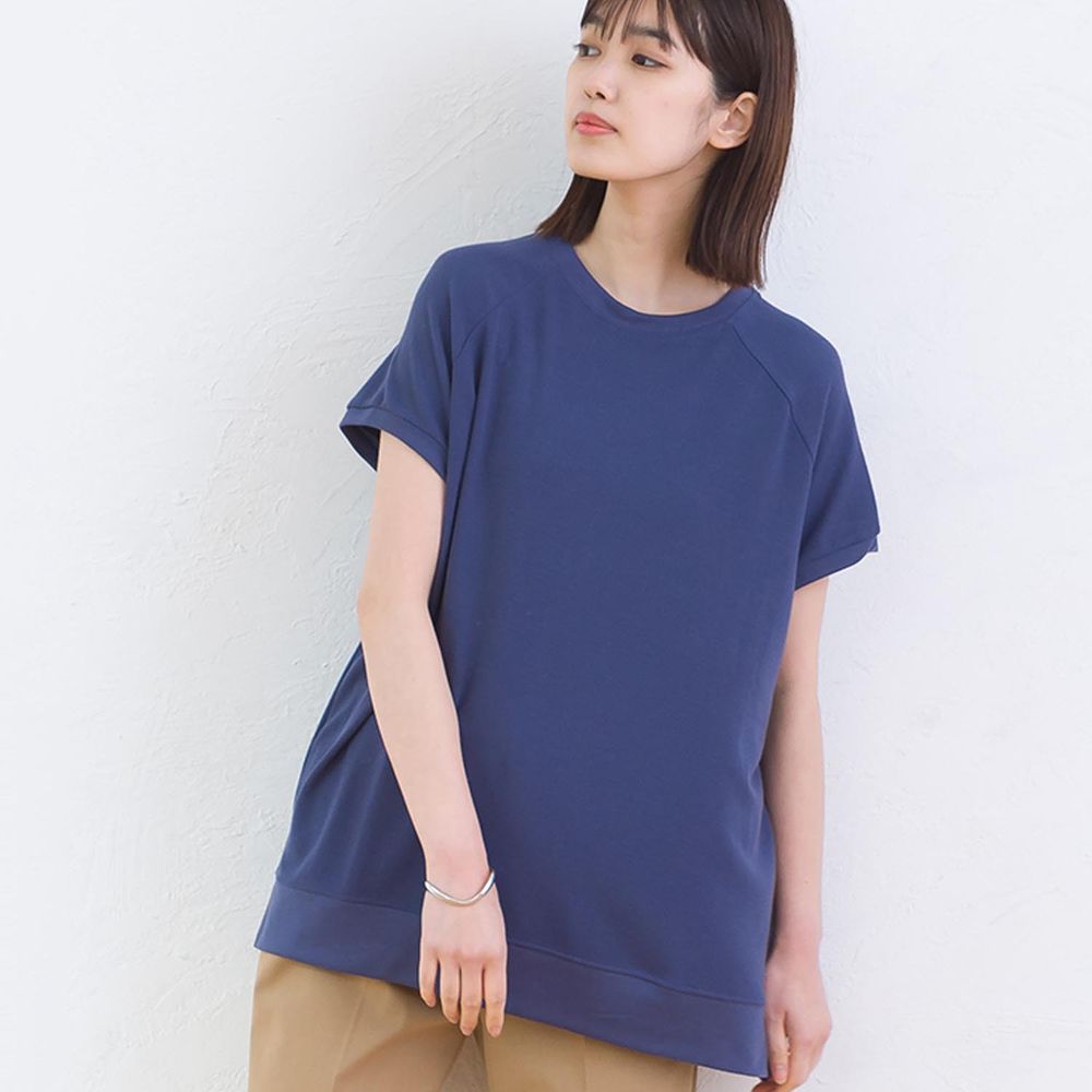 日本 OMNES - 顯瘦剪裁鬆餅紋短袖上衣-海軍藍