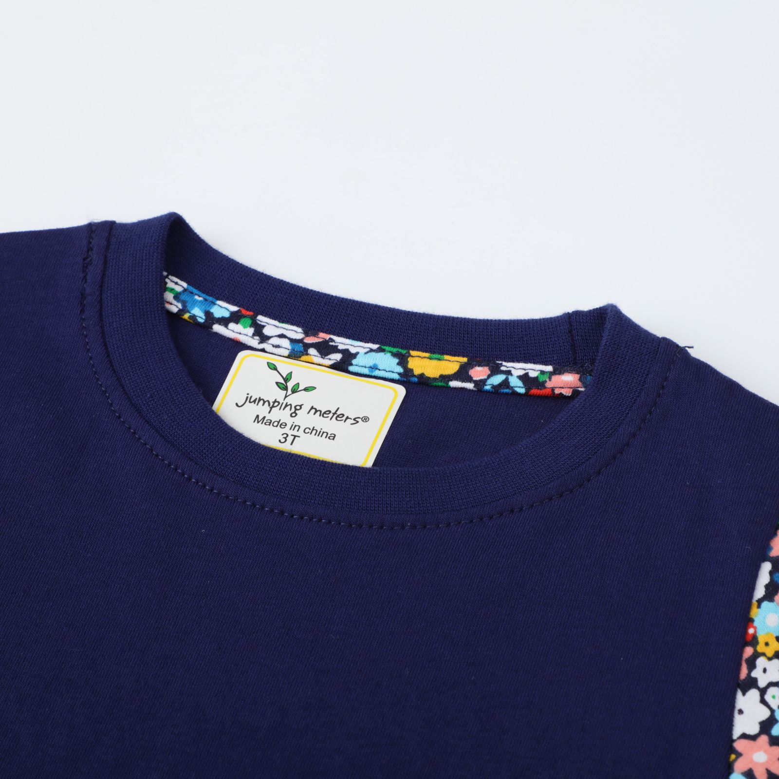 Jumping meters - 棉質圓領長袖連身洋裝-碎花兔兔-深藍色