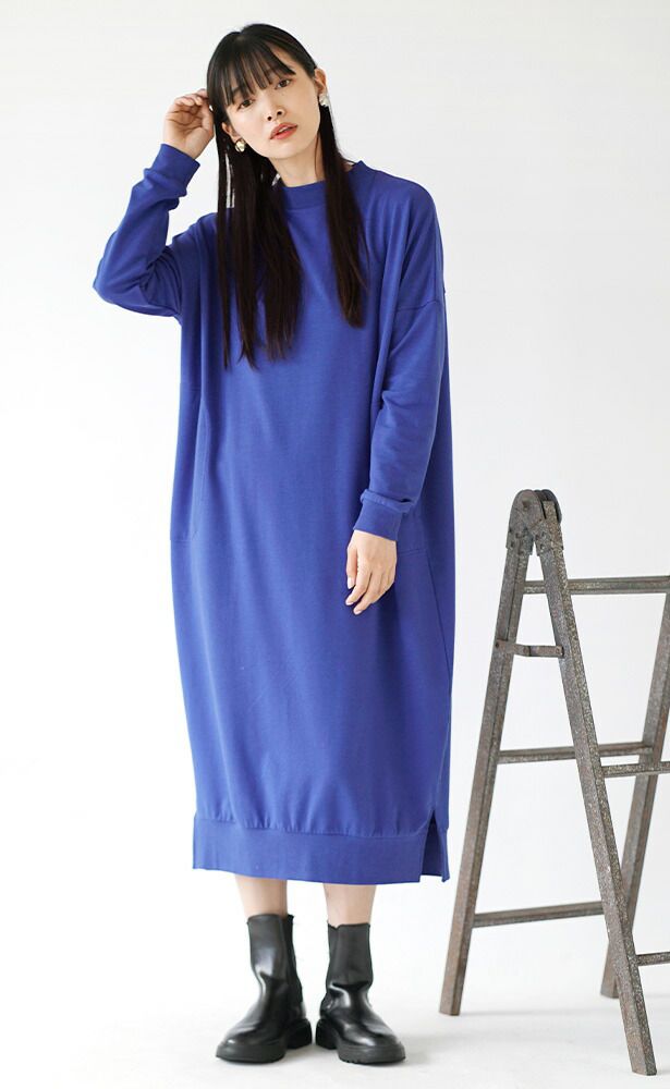 日本 zootie - konare裏毛 百搭圓領長袖洋裝-寶藍