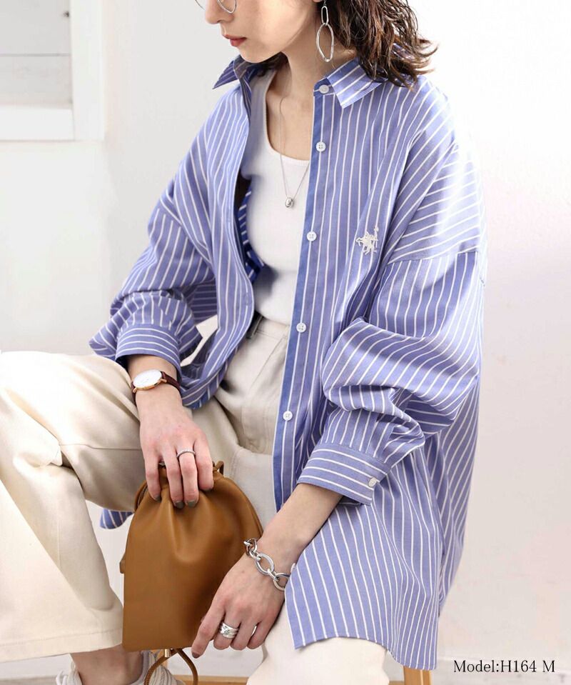 日本 Classical Elf - 胸前刺繡直條紋長袖襯衫-水藍