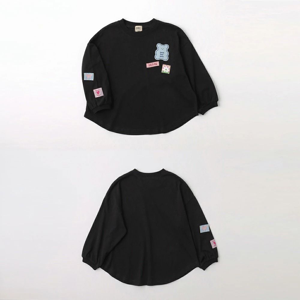 童趣刺繡徽章寬版長袖上衣-黑