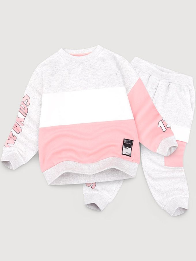 韓國 Jelispoon - 品牌標誌文字長袖套裝(內刷毛)-咖啡X藍