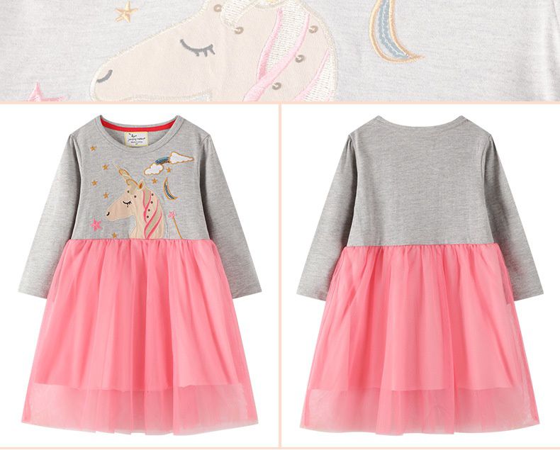 Jumping meters - 棉質圓領長袖連身網紗洋裝-星星獨角獸-灰+粉