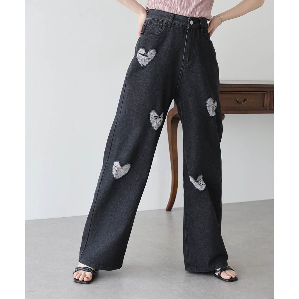 心型復古抓舊感時尚丹寧褲-黑 (M)