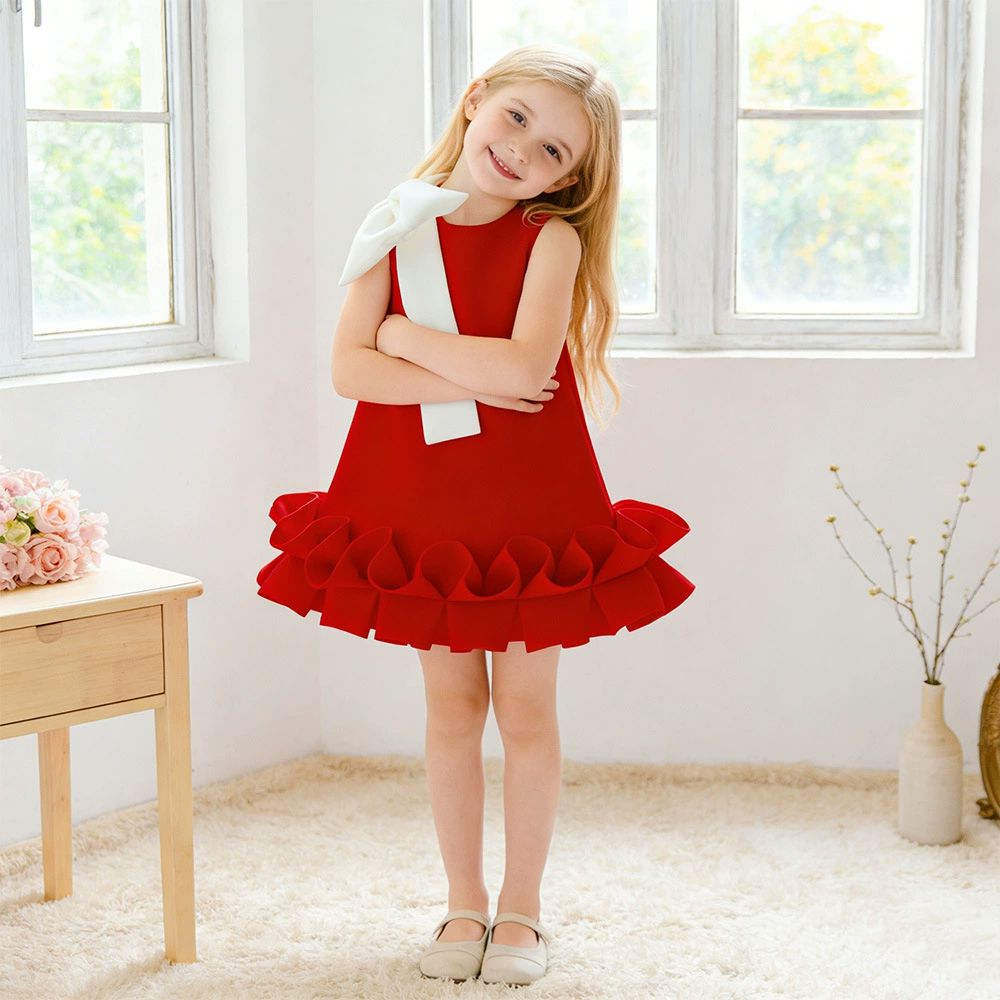 肩飾大蝴蝶結荷葉邊禮服-紅色