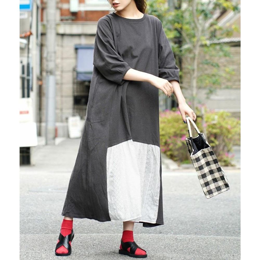 日本 zootie - 純棉蕾絲撞色拼接七分袖長版洋裝-深灰