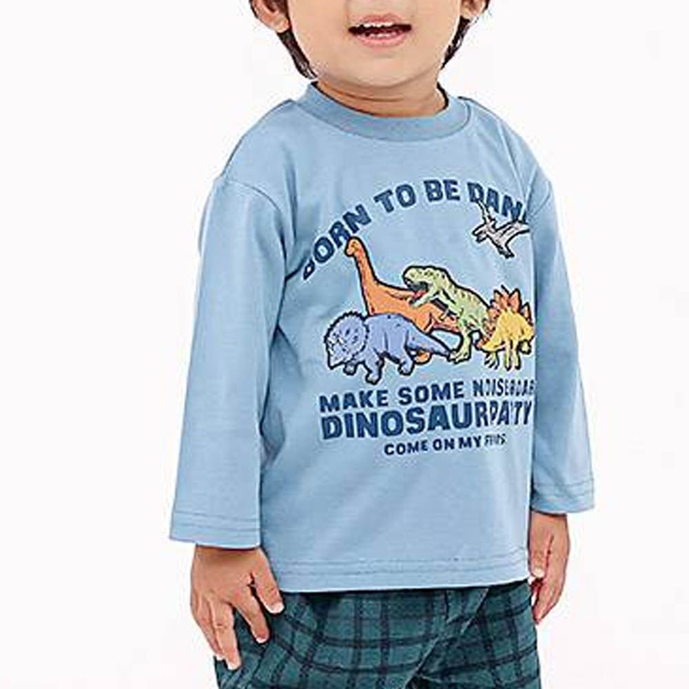 [推薦]定番印花薄長袖上衣-恐龍-水藍