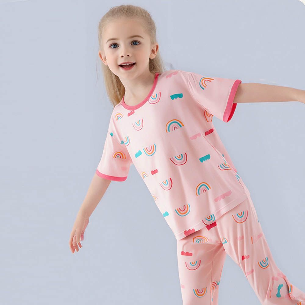 莫代爾短袖套裝/家居服-彩虹-粉色