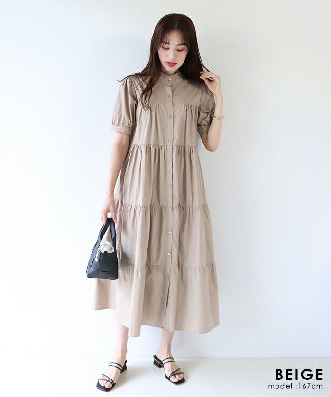 日本 BLUE EAST - 純棉蛋糕澎澎短袖洋裝-杏