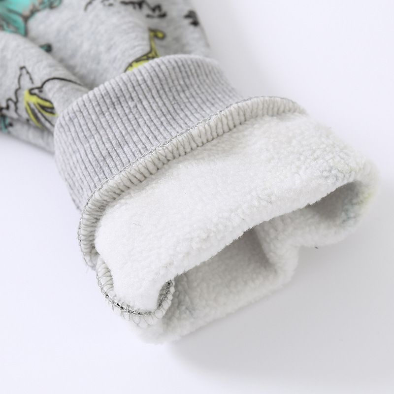 WELLKIDS - 加絨印花連帽長袖上衣/帽T-滿滿繽紛恐龍-灰色