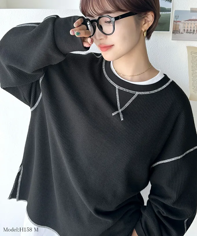 日本 Classical Elf - Java 華夫格車線薄長袖上衣-藍