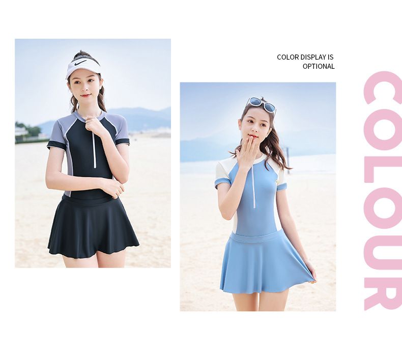 大童女孩運動風短袖連身裙泳衣套裝(二件組)-黑色-泳衣、裙子