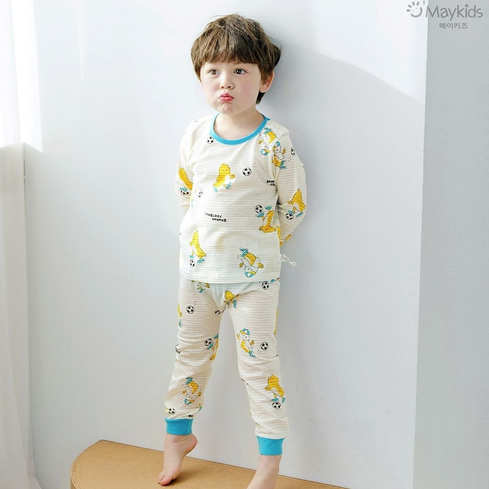 透氣條紋提花棉長袖家居服-香蕉踢足球-米X水藍