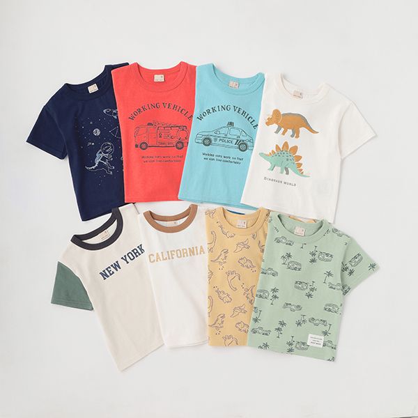 日本 petit main - 百搭印花短袖上衣-恐龍線條-卡其黃