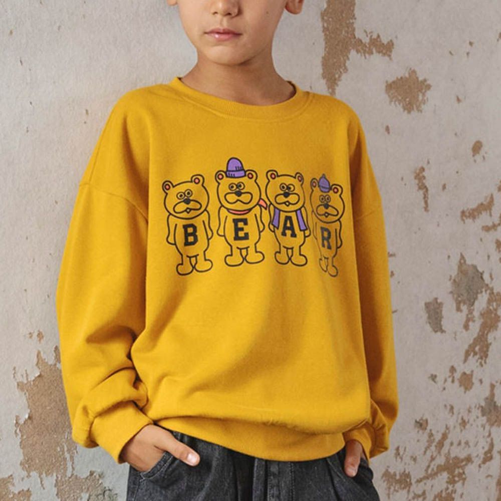 百搭印花縮口長袖上衣-四隻熊熊-芥黃