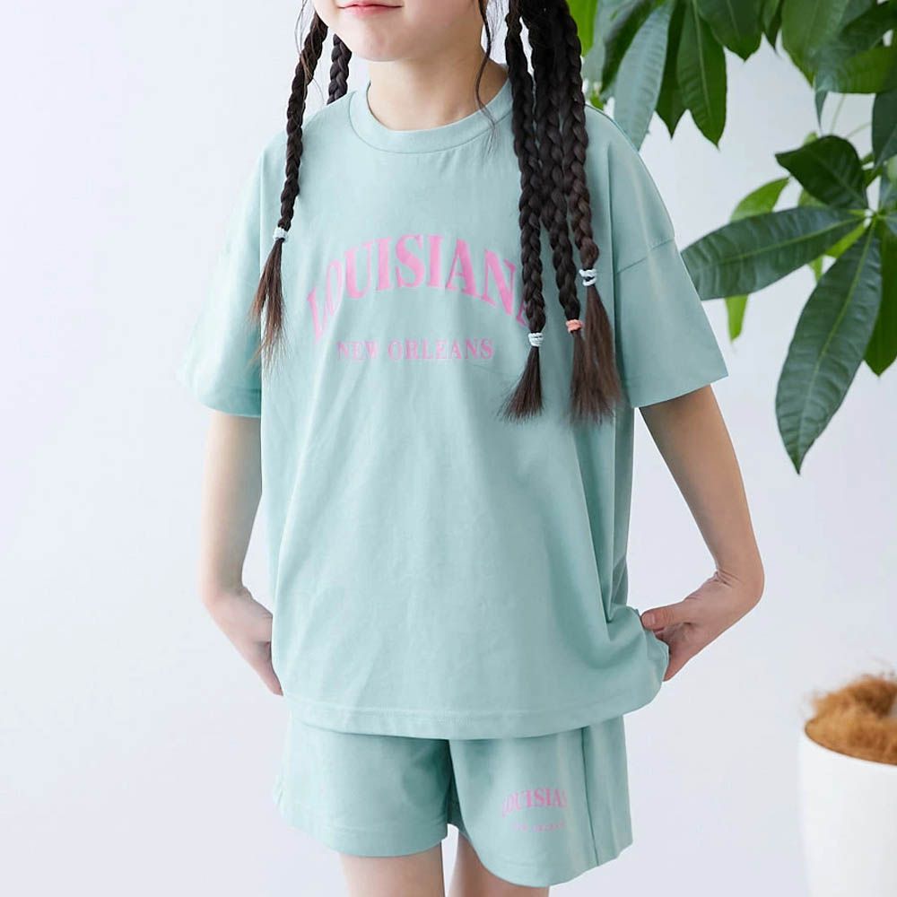 接觸涼感 寬版清爽短袖套裝-英文標語-薄荷綠