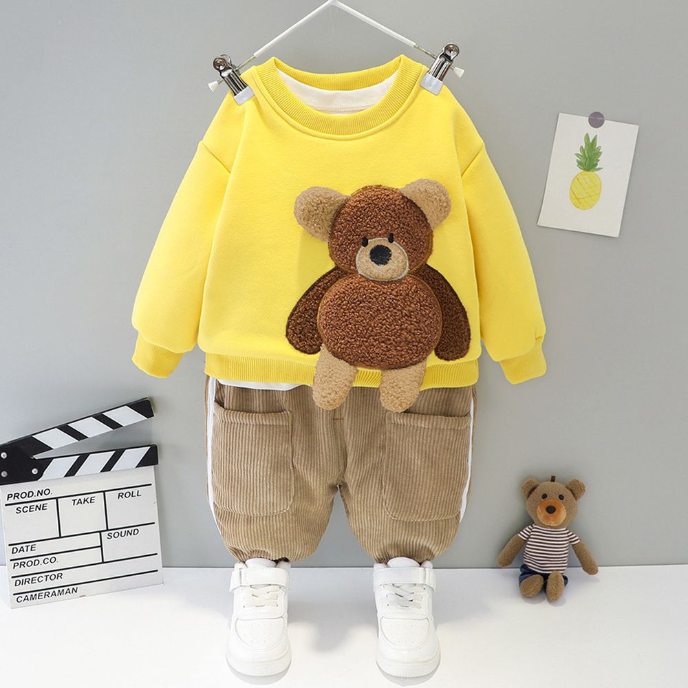 3D泰迪熊加絨套裝-上衣＋褲子-黃色
