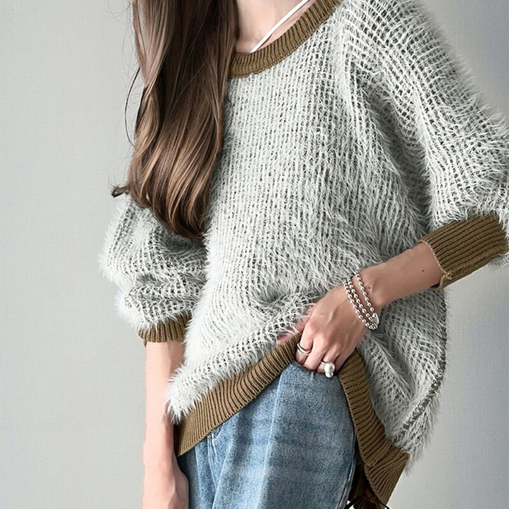 滾邊配色毛海露肩船領針織上衣-咖啡棕