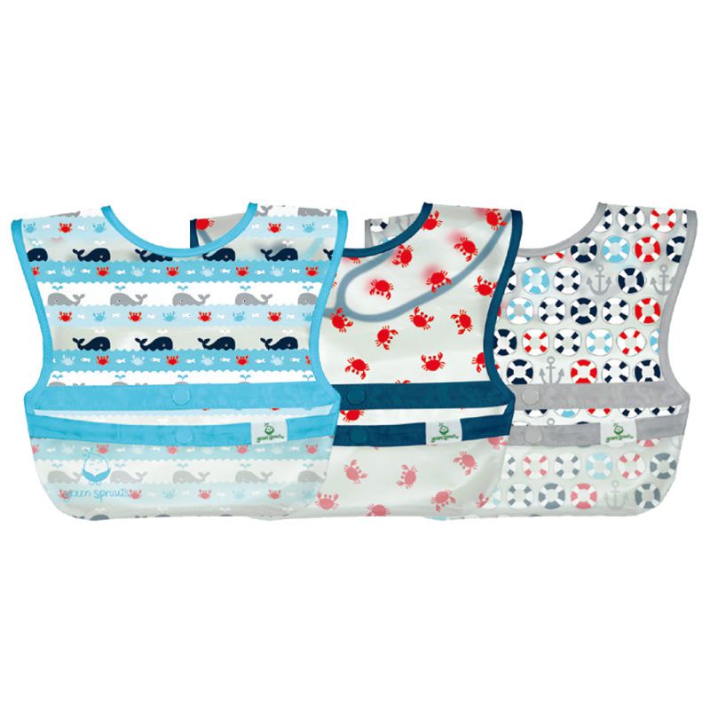 美國 green sprouts - 小綠芽魔鬼氈雙面防水/防食物掉落圍兜三入組-紅螃蟹