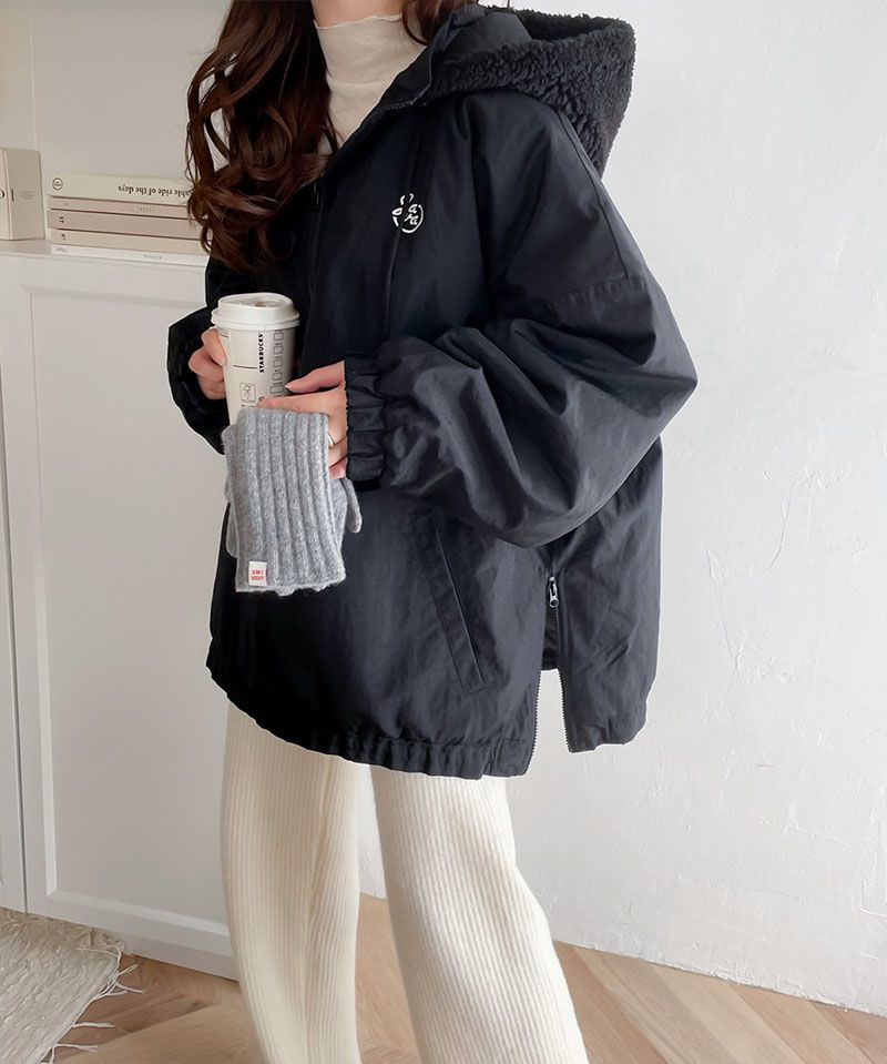 日本 Classical Elf - 刺繡防風前口袋鋪棉長袖上衣-摩卡