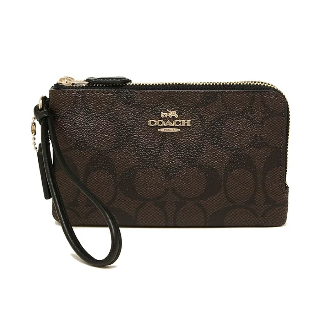 滿版LOGO皮革L型雙層手拿包 (咖啡色)