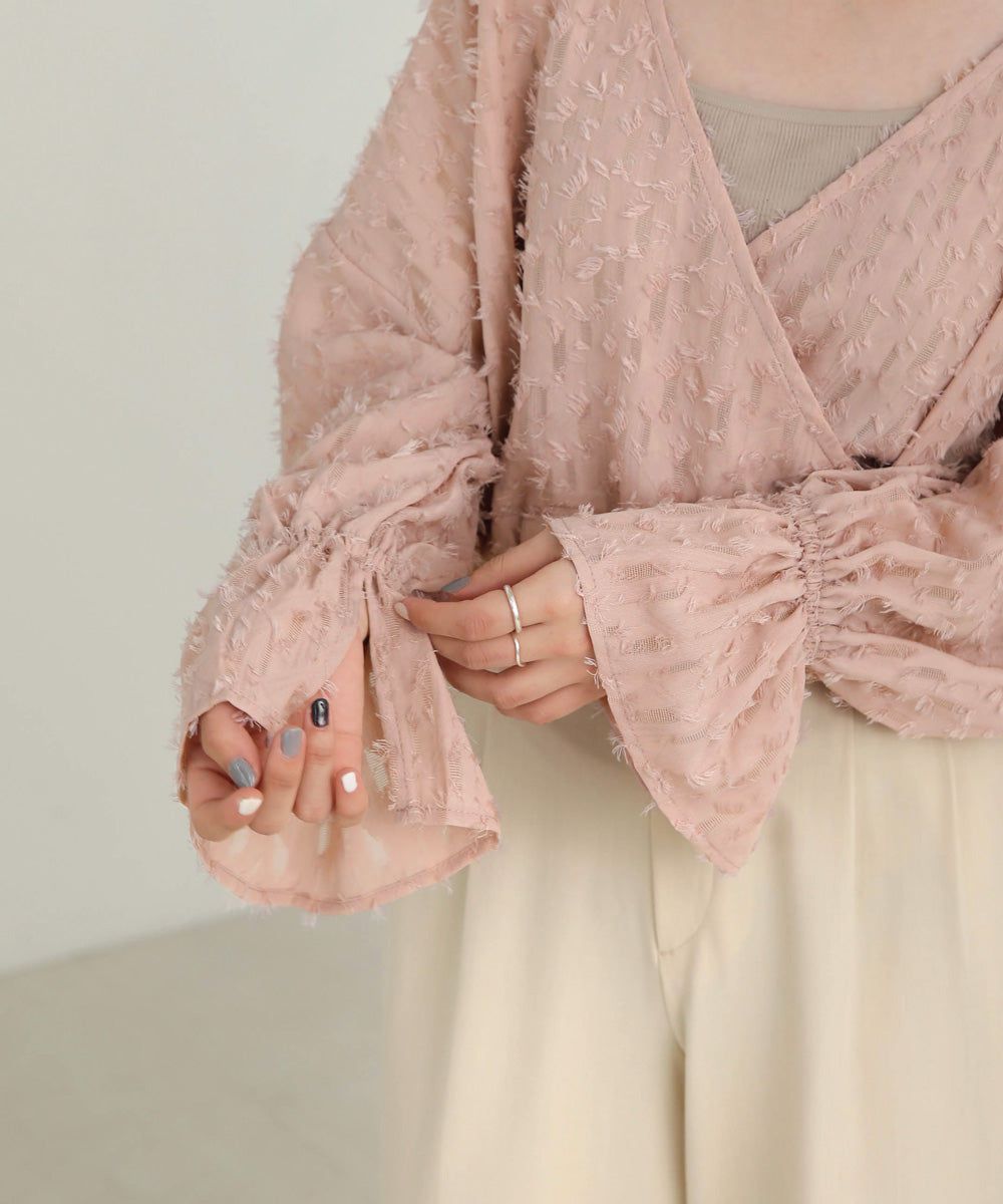 日本 Bab - 2WAY透感抽鬚糖果袖上衣-淺粉