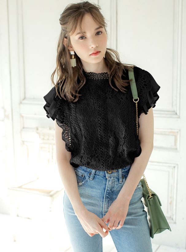 日本 GRL - 微立領氣質蕾絲短袖上衣-白