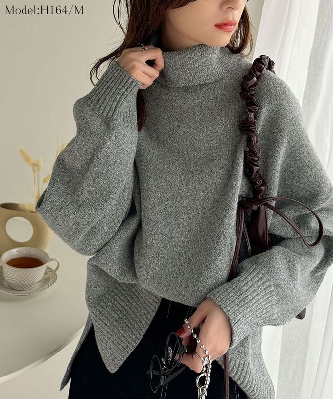 日本 Classical Elf - 氣質簡約開叉高領毛衣-象牙白