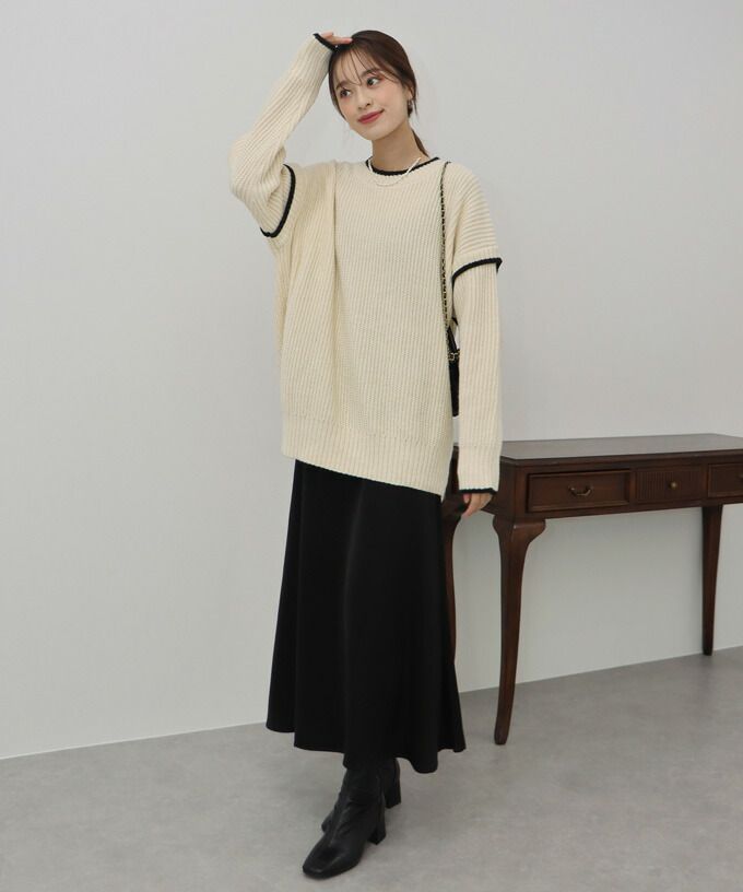 日本 BLUE EAST - 撞色滾邊落肩針織毛衣-米白