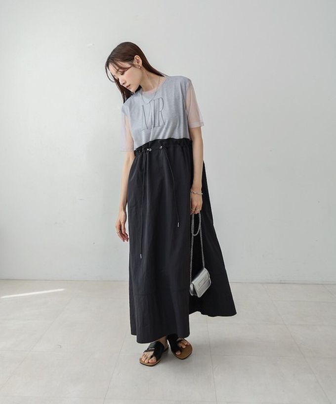 日本 Bab - 拼接層次感抽繩薄紗短袖洋裝-白x摩卡