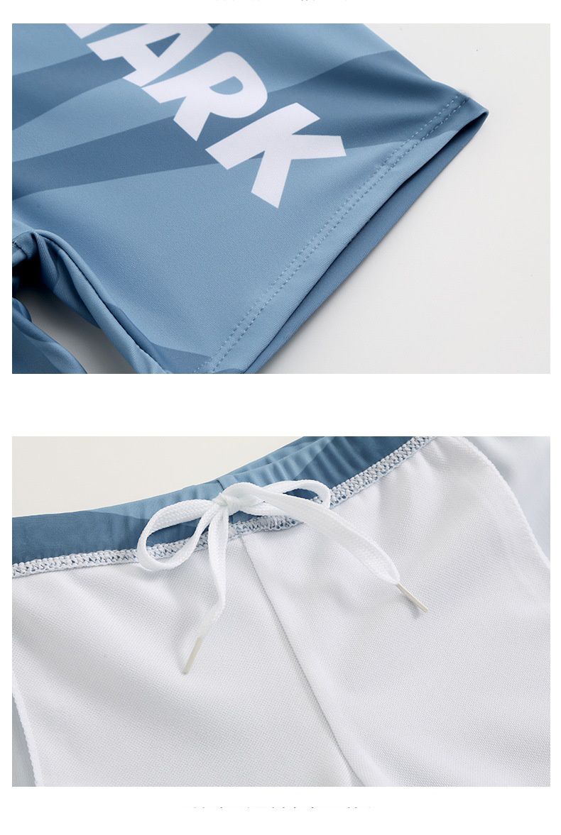 男寶童趣卡通圖長袖泳衣套裝(三件組)-墨鏡鯊魚-灰藍+橘-泳帽、泳衣、泳褲