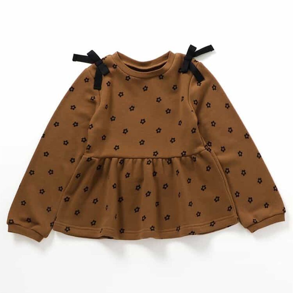 雙肩絲帶可愛長袖上衣-小花-焦糖棕