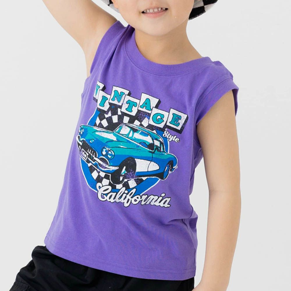 [超低價] 100%棉 童趣印花背心上衣-復古車車-紫