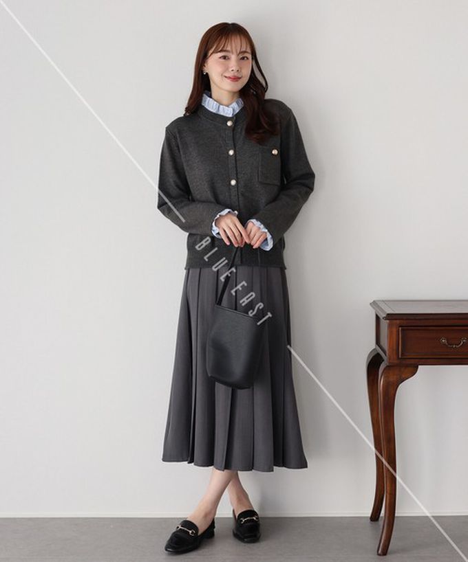 日本 BLUE EAST - 甜心假二件荷葉領金扣開襟衫-深咖啡 (M)