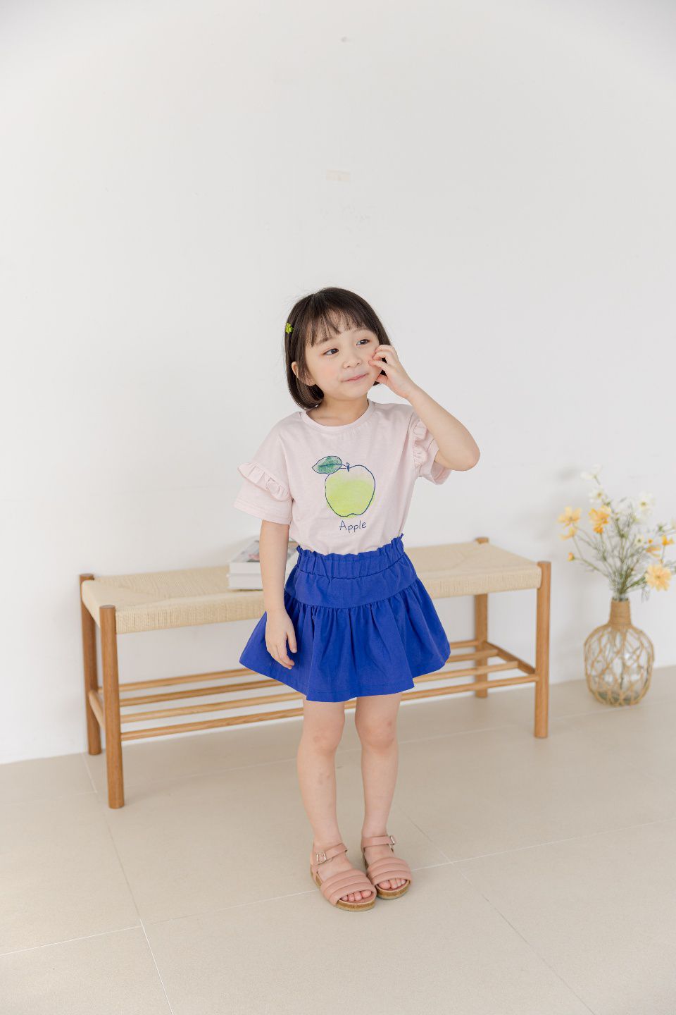 韓國 Orange Mom - 荷葉裝飾袖塗鴉蘋果T-淺粉紅