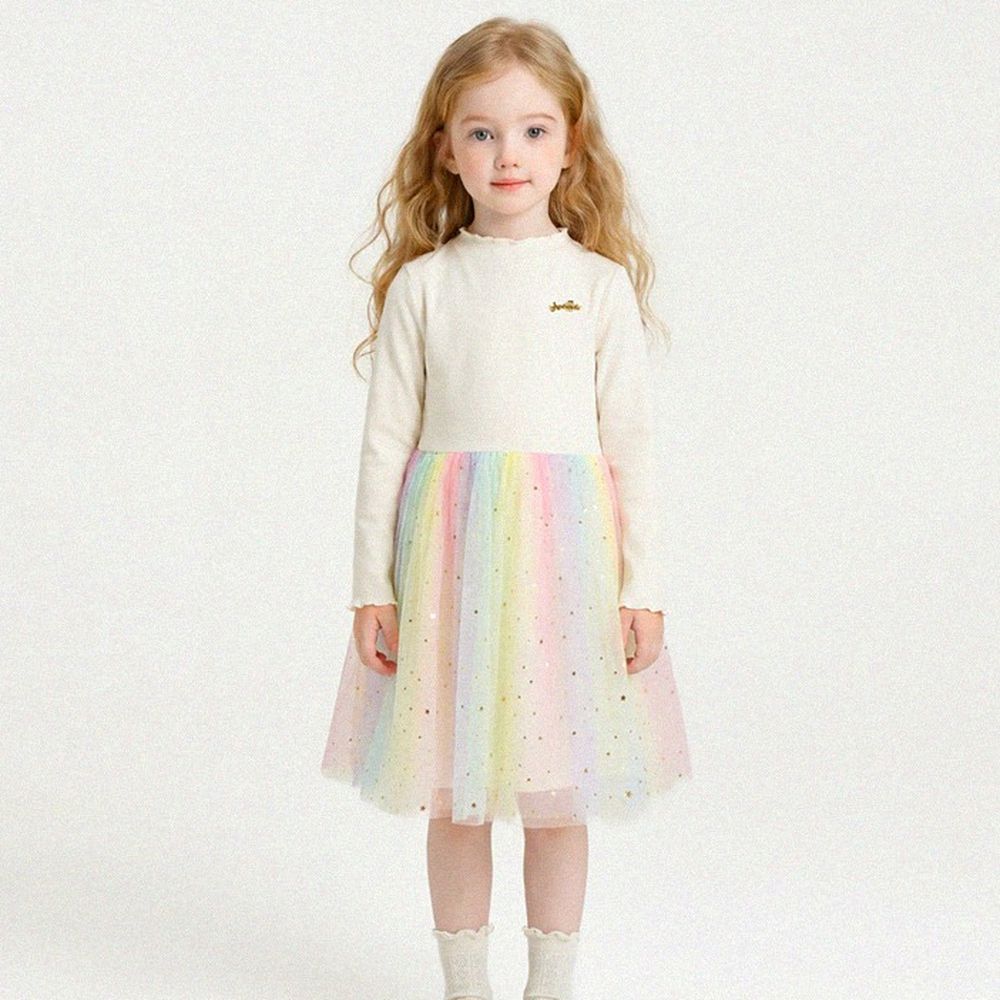 星星點綴繽紛網紗長袖公主洋裝-象牙白