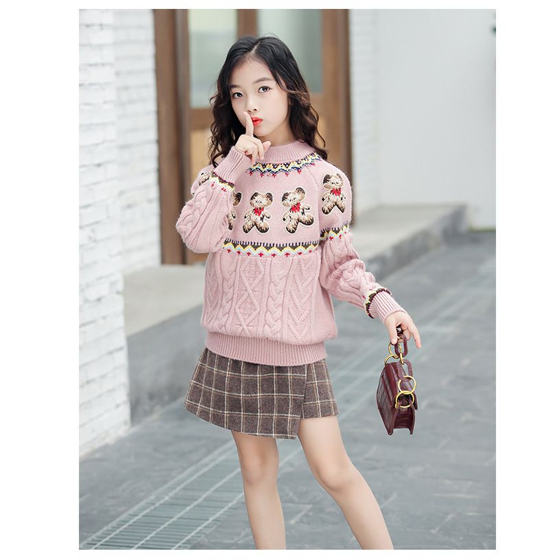 經典小熊麻花紋針織毛衣-米白