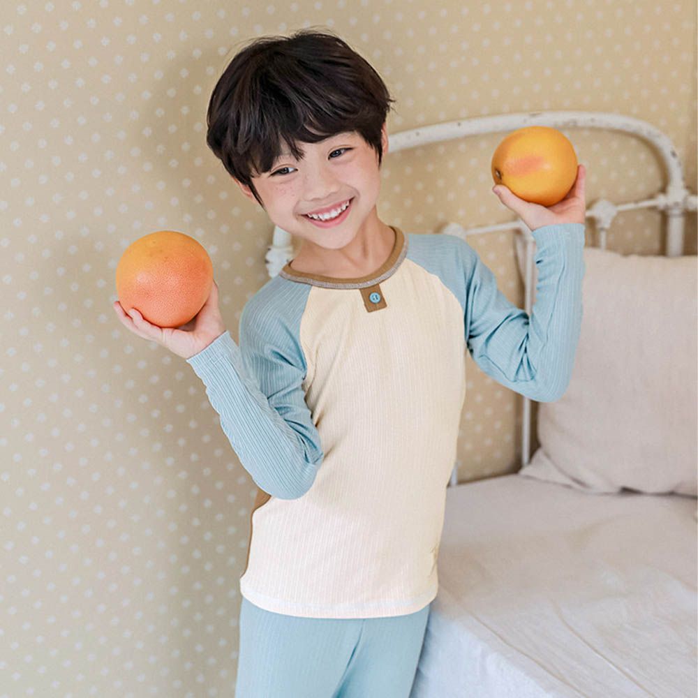 莫代爾親膚坑條羅紋彈力微厚長袖家居服-天藍X米X拿鐵