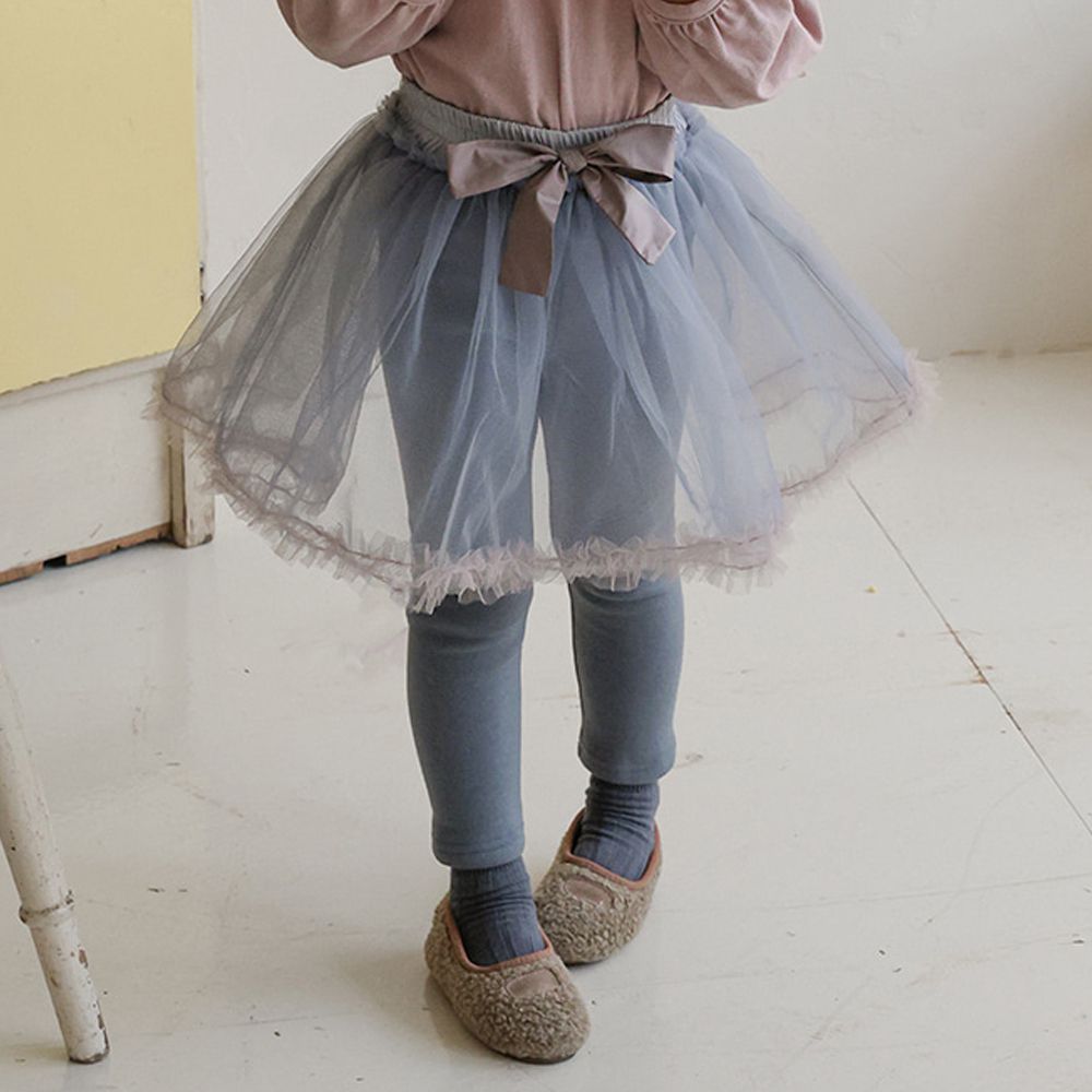 Puellaflo (內磨毛)鬆緊腰緞帶蝴蝶結網紗裙內搭褲-霧藍