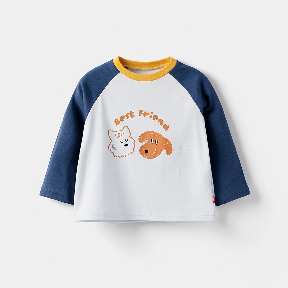 手繪塗鴉狗狗拼色長袖上衣-海軍藍X淺藍