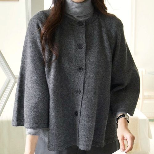 韓國女裝連線 - 柔軟美麗諾羊毛針織飄逸袖外套-深灰 (FREE)