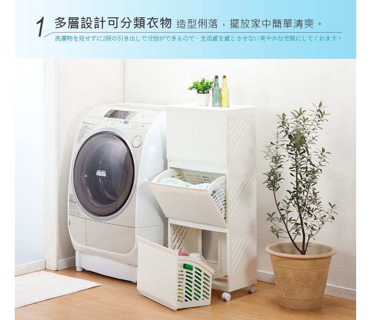 平和Heiwa - Clevan日製多功能前開雙層分類洗衣籃櫃(附輪)-天空藍